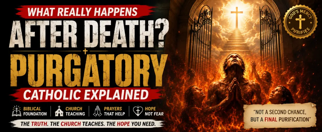 What Really Happens After Death? Catholic explanation of Purgatory showing souls in final purification beneath the light of Heaven according to Catholic teaching.